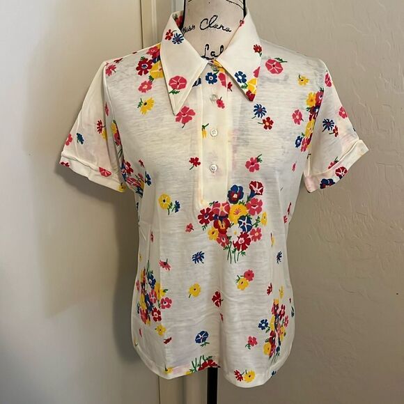 Vintage JC Penney Fashions White Floral Semi Sheer Collar Top Boho Feminine - Picture 1 of 8